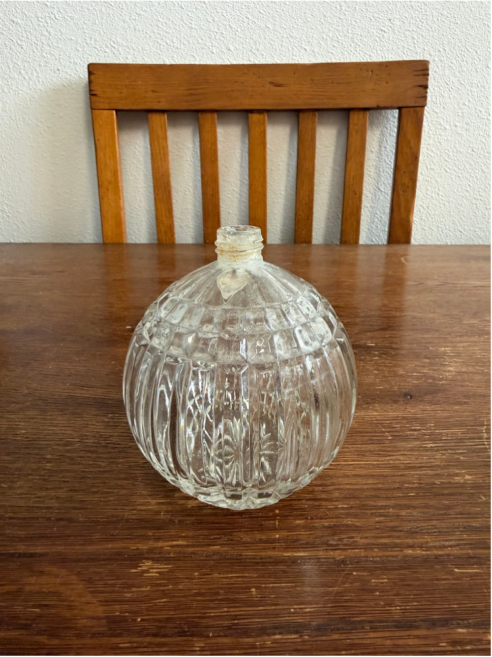 Vintage Heavy Clear Pressed Glass Round Bottle Decanter Ribbed Starburst No Lid